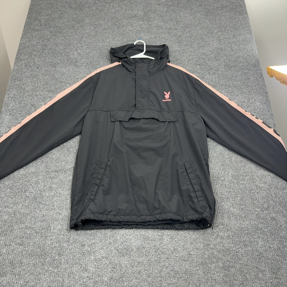 Playboy x PacSun Windbreaker Jacket Mens L Black Nylon Side‎ Stripe Streetwear